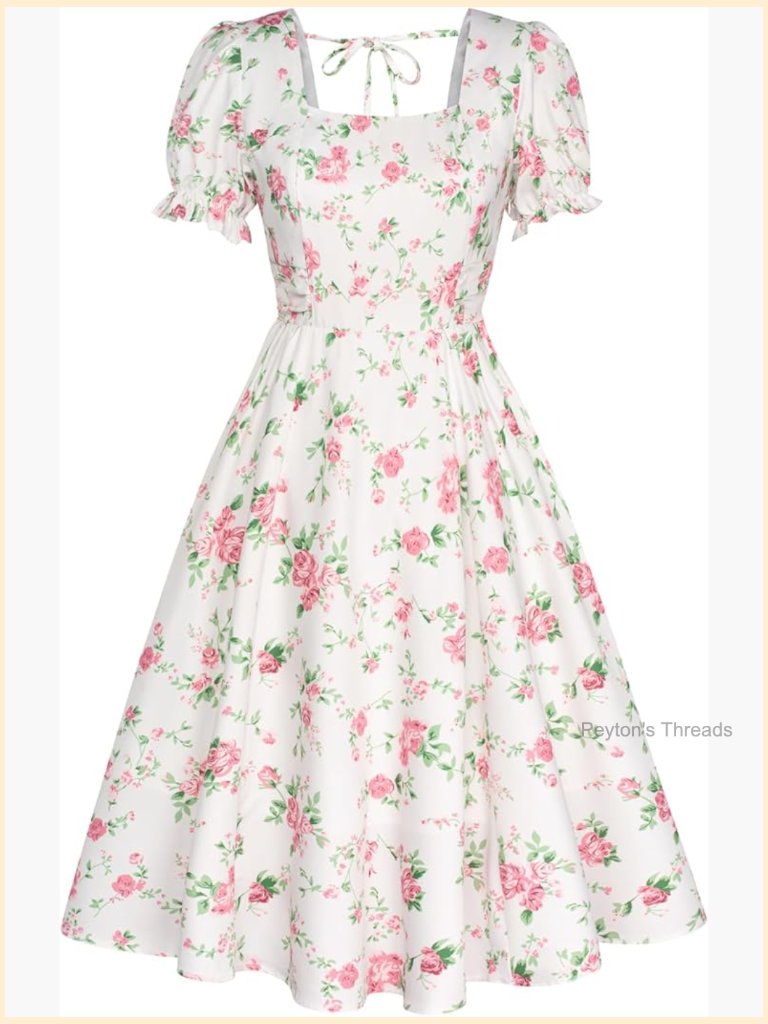 Vintage Square Neck Puff Sleeve Midi Dress With Pockets
